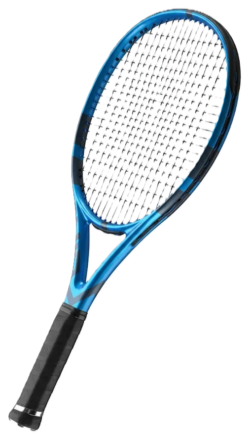 Tennis racquet, strung and angled toward the viewer